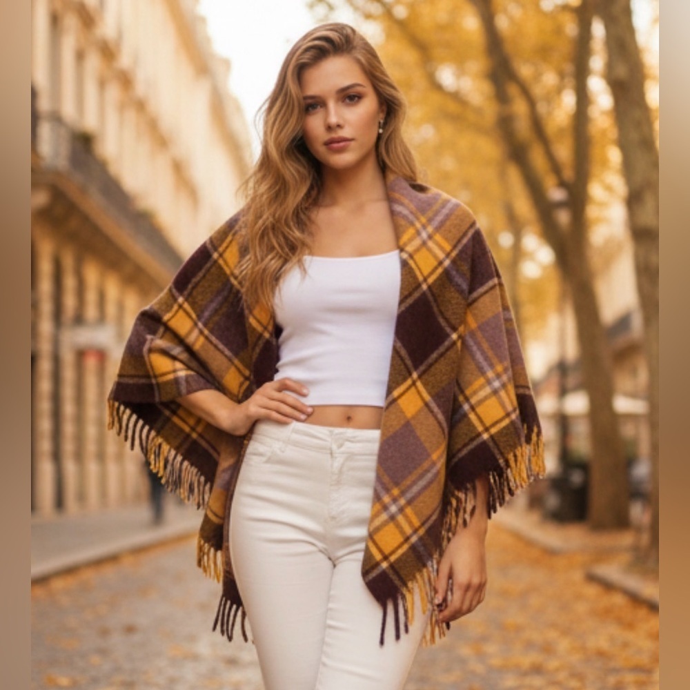 Vintage Plaid Wool Scarf in Yellow and Brown
